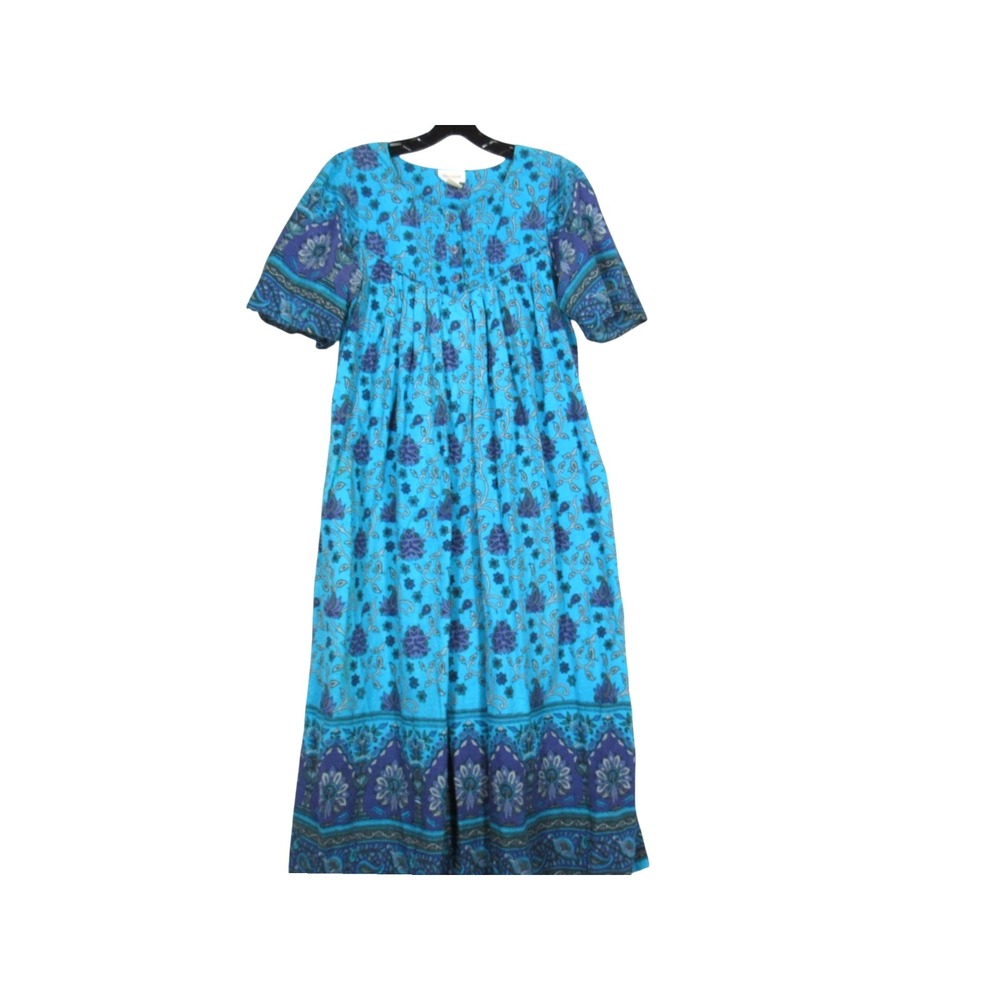 BARBIZON Blue TWILL 3-Button PLEATED TRIM Pockets FLORAL Lounge NIGHTGOWN Sz S